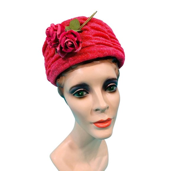Vintage 1960s Pillbox Hat Hotpink Floral Round Hat